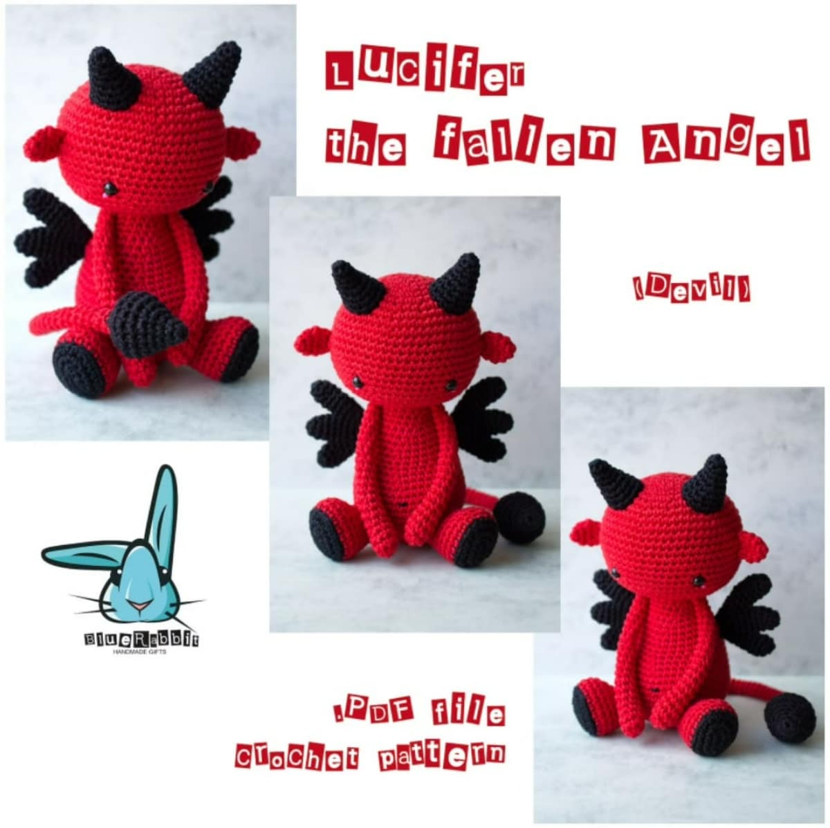 Small crochet stuffed red devil with black wings, horns, and feet sitting on a white background.